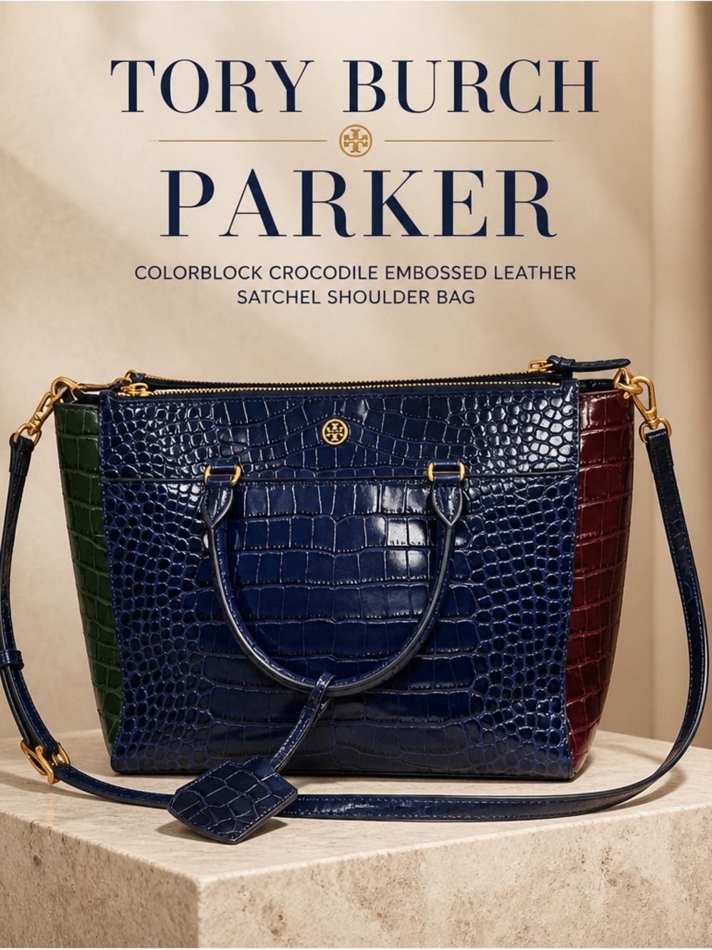 Tory Burch Parker Colorblock Crocodile Embossed leather Satchel or shoulder bag